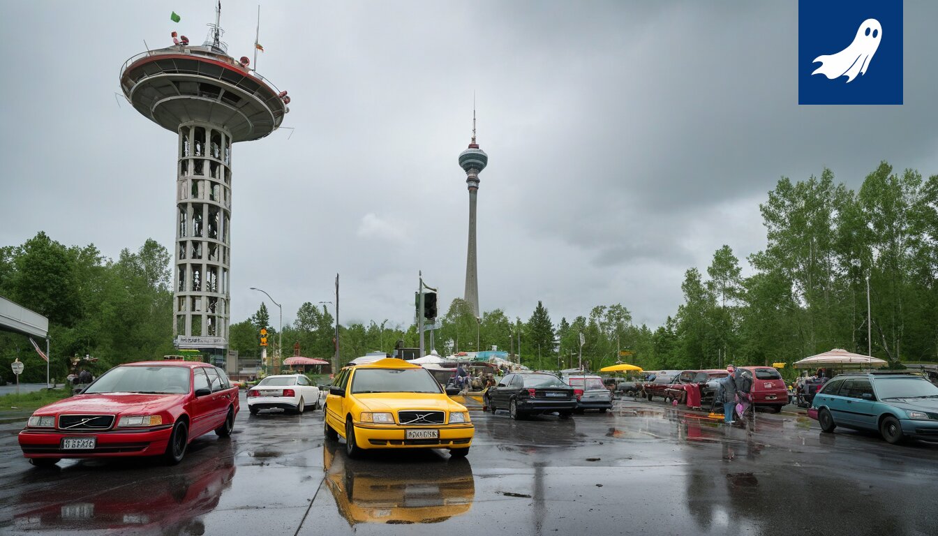 Sarjakuvamainen kuva Tampereen keskustasta, jossa aika näyttää pysähtyneen ja pullapitkoja leijuu ilmassa.