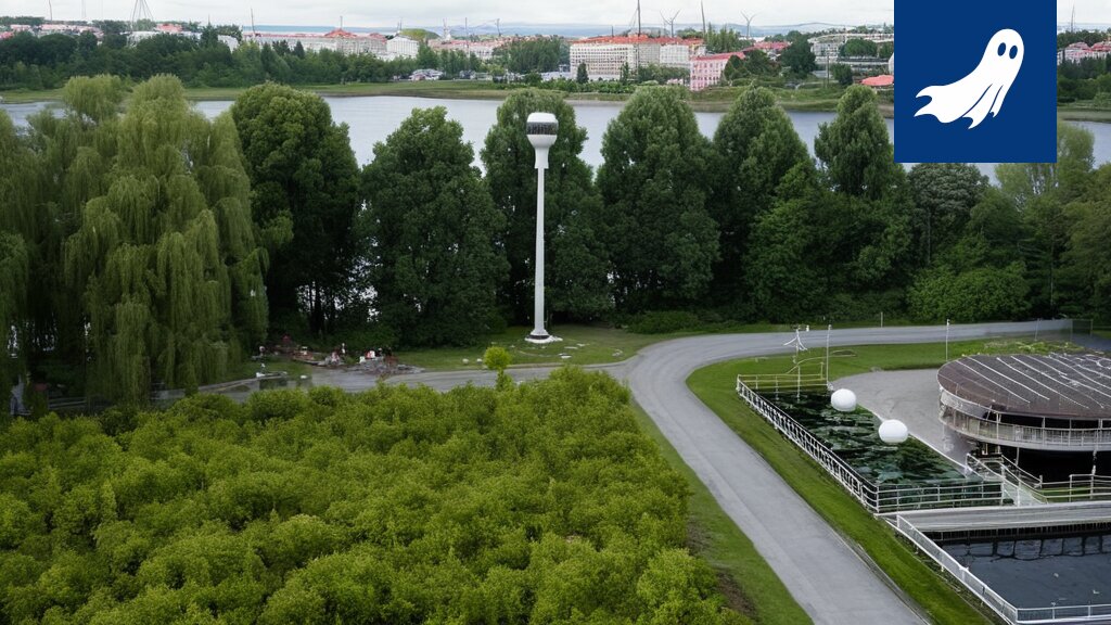 Kuva Viinikanlahden jätevedenpuhdistamosta, jossa näkyy humoristinen viittaus Weberin pisteen heräämiseen.