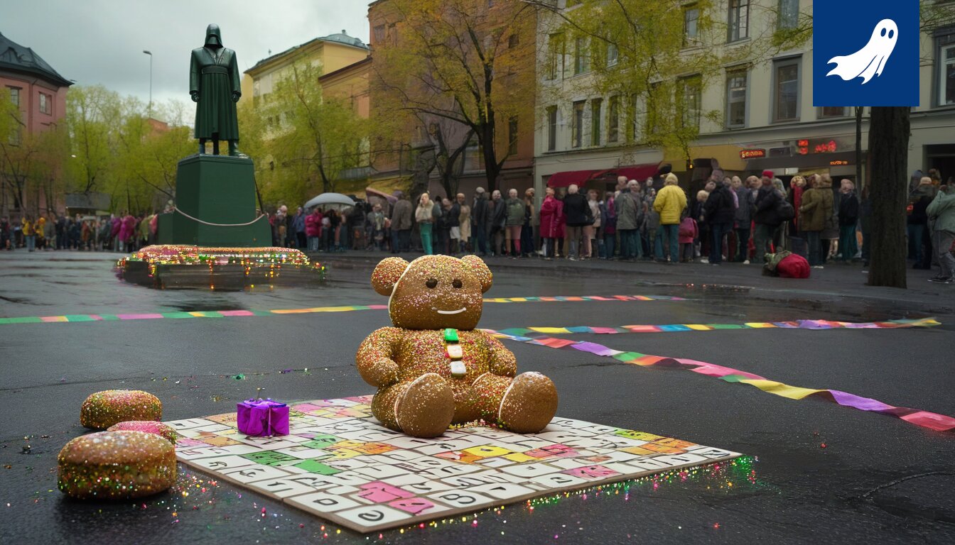 Satiirinen kuva Tampere-talosta, jossa robotit valvovat joululauluja ja ihmiset näyttävät hämmentyneiltä.