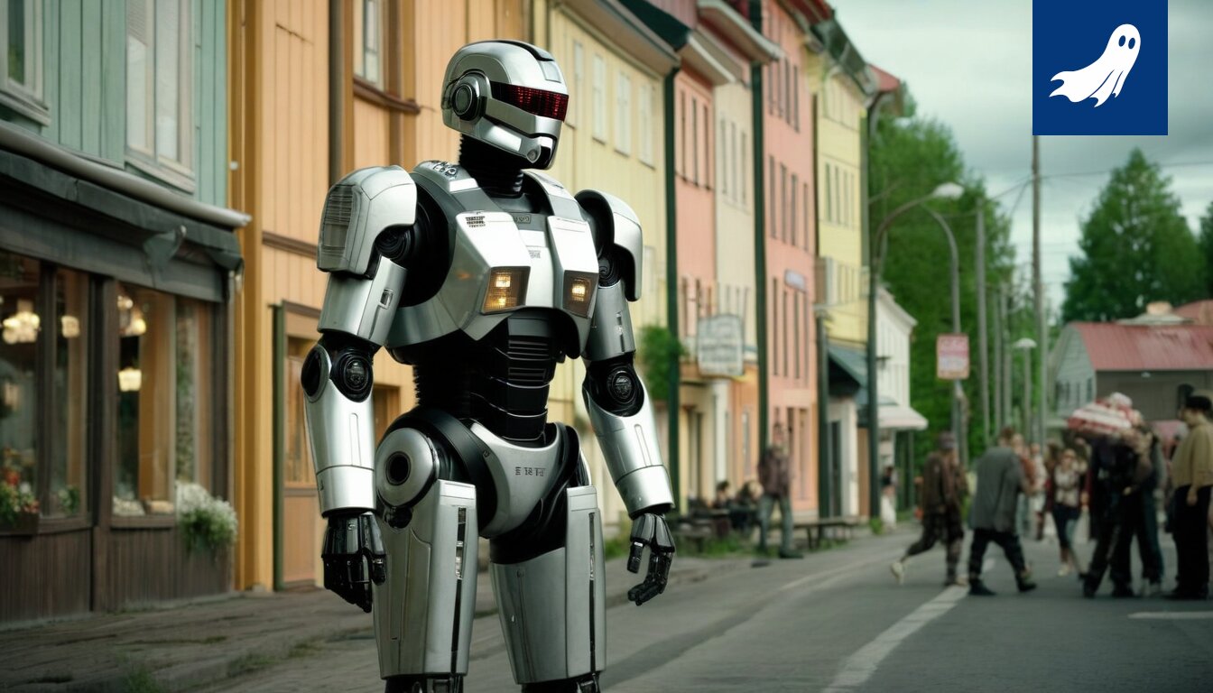 Robocop valvoo rikoskuvausten kulkua Ylöjärven kampaamon ja motellin edessä.