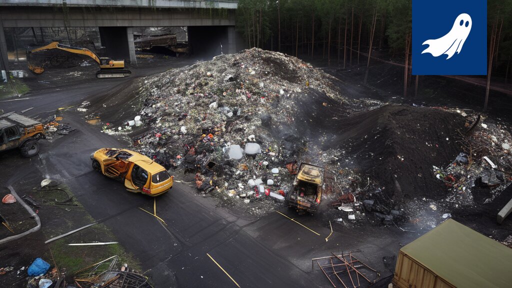Ruskon jätekeskuksen savupiippu, symboloiden uutta itsevakuutuspalvelua ja sen vaikutuksia Tampereeseen.