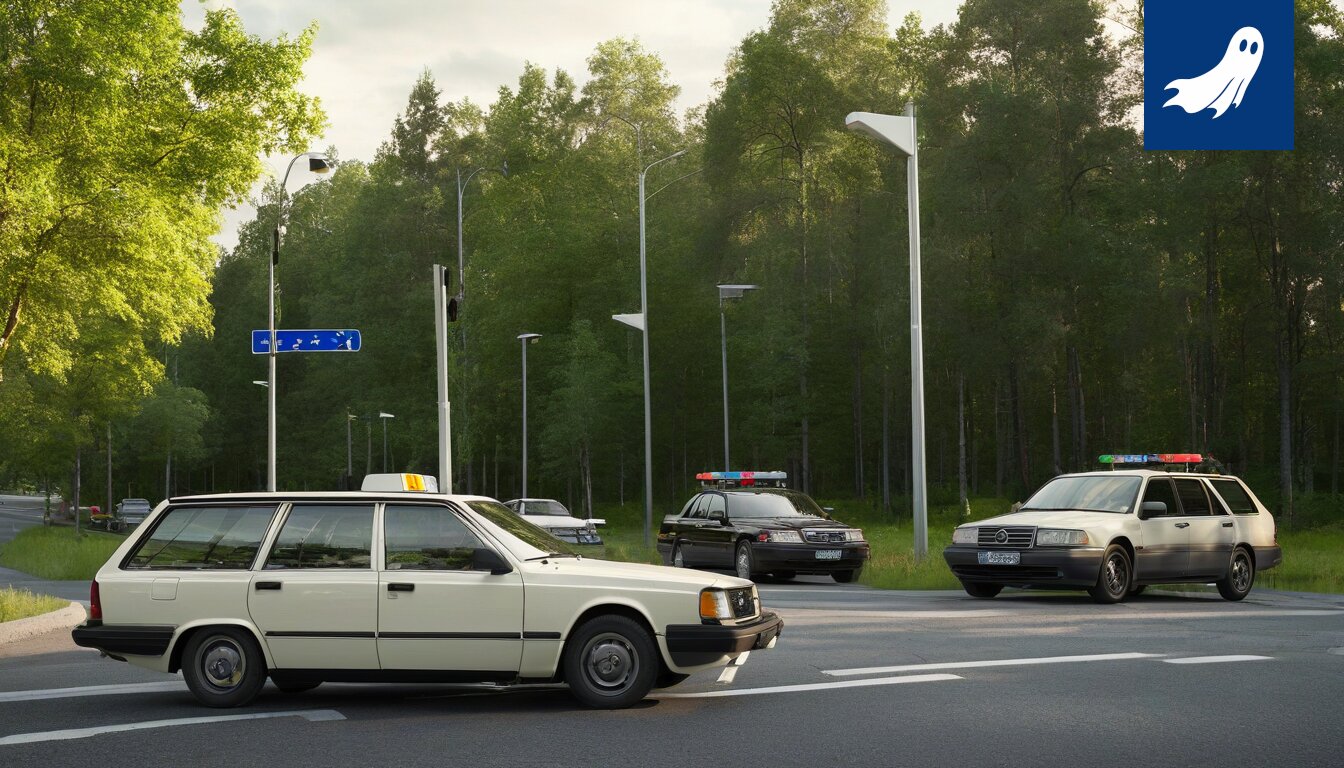 Sarjakuvamainen kuva Tampereen liikennekamerasta, jossa näkyy piilotettu ase.