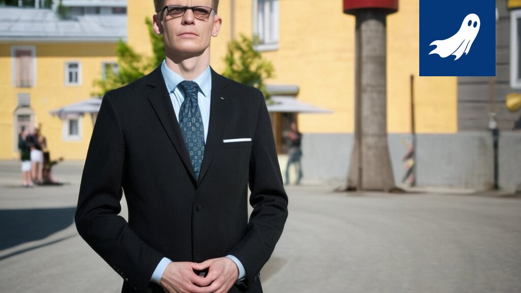 Satiirinen kuva Sami Saviosta virtuaalisessa eduskunnassa, jossa hän hallitsee NFT-tokeneita.