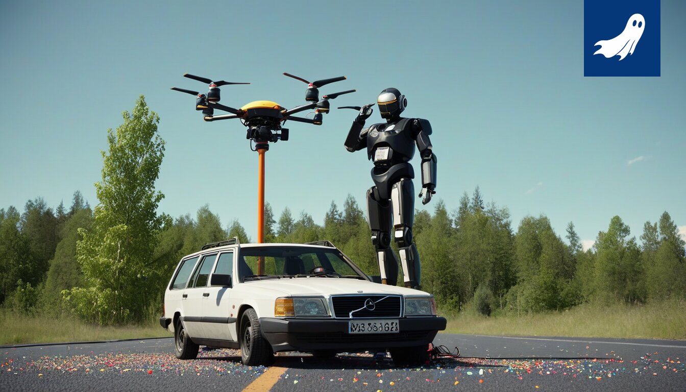 Liikenneympyrä, jonka ympärillä pyörii robottien ja vihaisten ihmisten hahmoja, kuvaa satiirisen uutisen absurdia tilannetta.