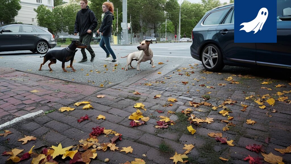 Satiirinen kuva robottikoirasta Tampereen keskustassa, symboloiden kaupungin radikaalia liikenneratkaisua.
