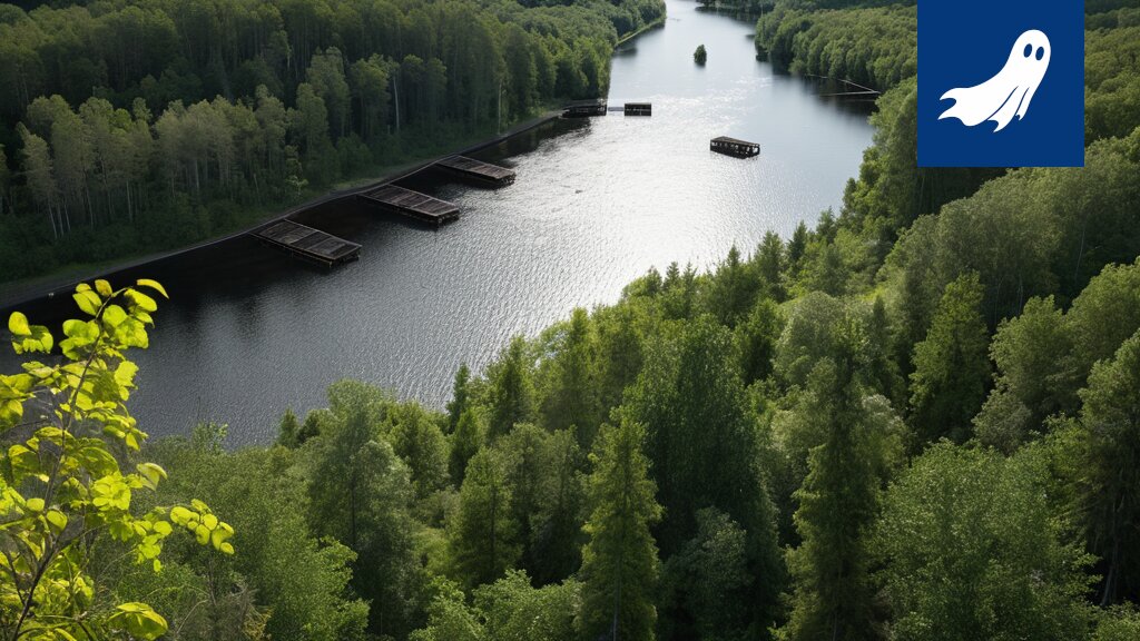 Tyhjä järvenpohja, jonka päällä kohoaa massiivinen datakeskus, symboloiden Tampereen järvien katoamista ja siirtymistä digitaaliseen maailmaan.