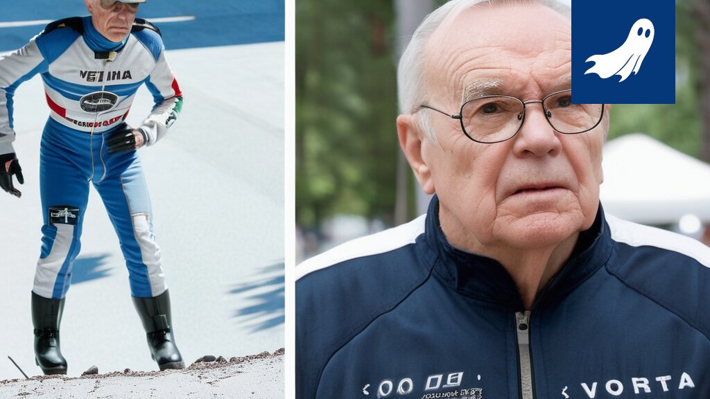 Satiirinen kuva Kerttu Niskasesta tekoälyn ja sosiaalisen median vaikutuksen alla urheilussa.