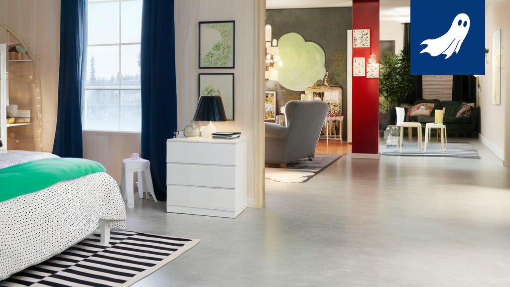 Sarjakuvamainen kuva Ikea-huonekalusta, joka vääristää todellisuutta tai on epälooginen.