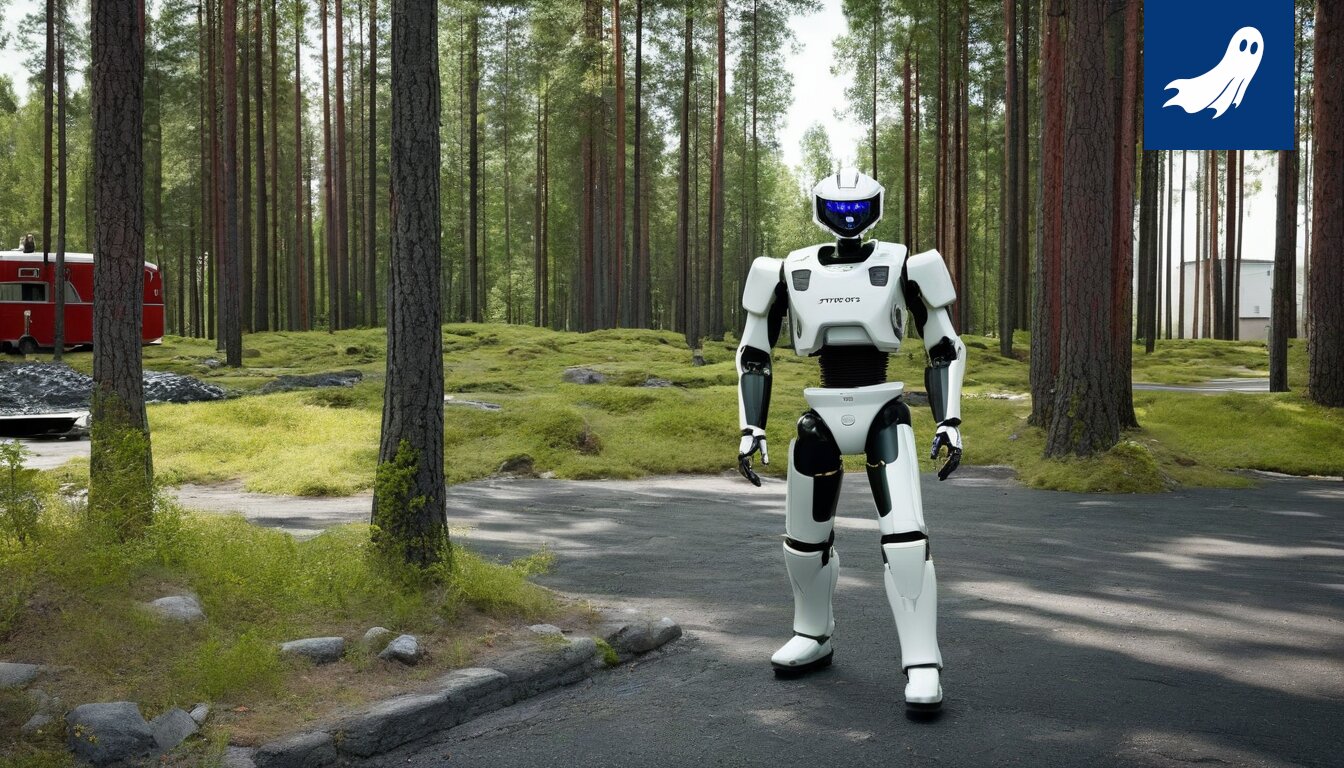Päävalmentaja Kari Jalonen hymyilee hämmentyneenä robottien ympäröimänä, mikä viittaa datan ja optimoinnin hallitsemaan jääkiekkoon.