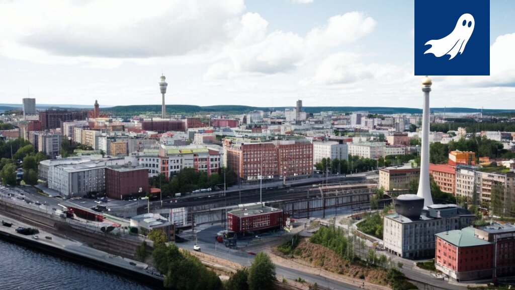 Sarjakuvamainen kuva Tampereen kaupungintalosta, jonka yllä leijuu UFO ja teksti 'Verotetaan kaikki!'.