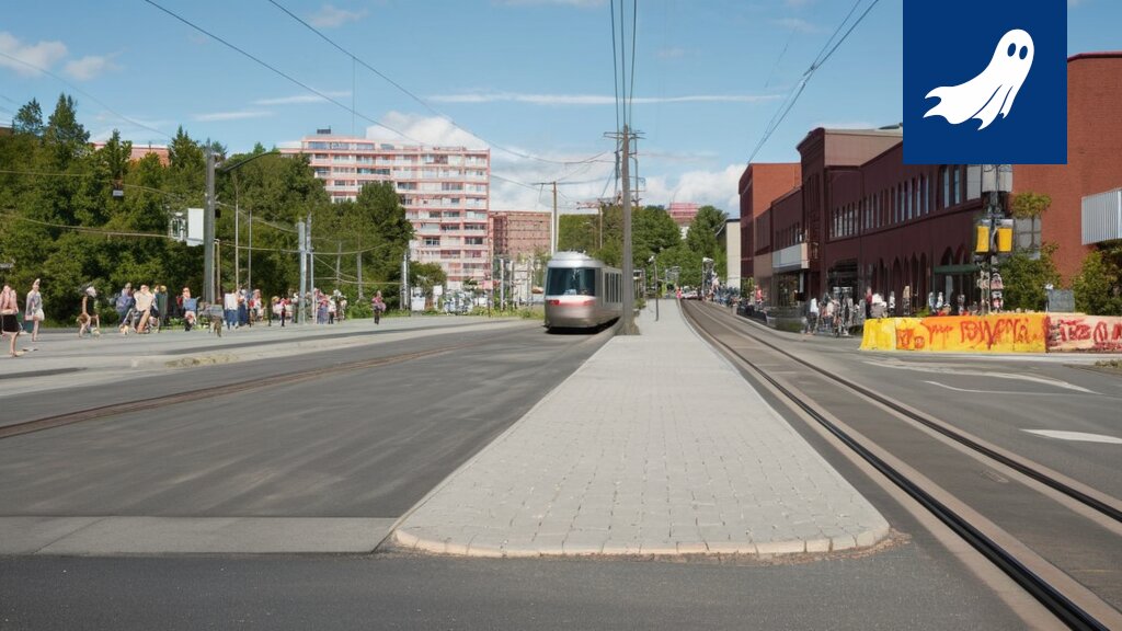 Hervantakeskuksen ratikkapysäkki, jossa näkyy futuristinen robotti valvomassa matkustajien kuntoa.