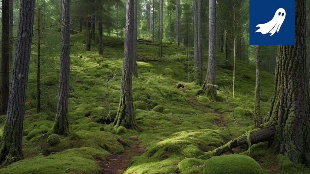 Satiirinen kuva Pirkanmaan ikimetsästä, jossa näkyy datakeskuksen servereitä puiden juurilla.