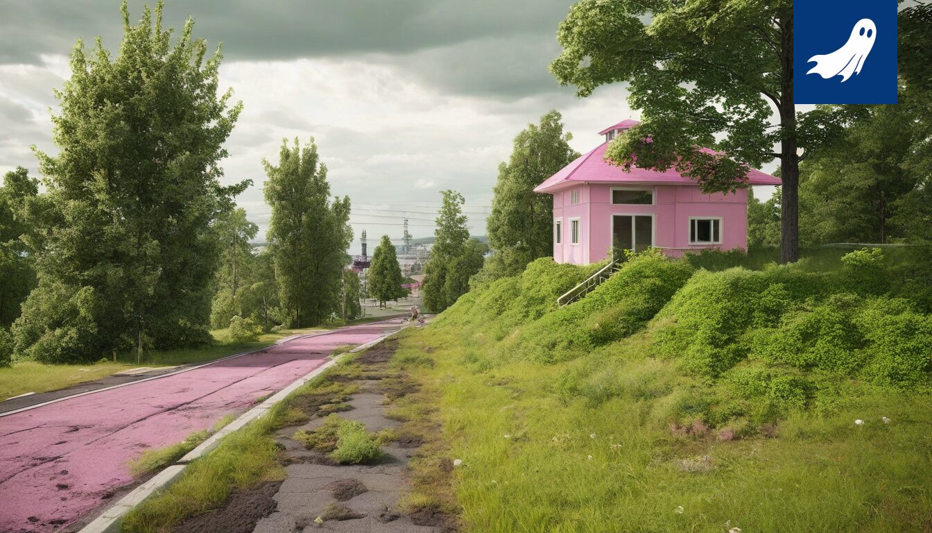 Satiirinen kuva pinkistä ofistalosta Tampereen kaupunkikuvassa, viitaten artikkeliin hiuskiinteen aiheuttamasta oudosta ilmiöstä.