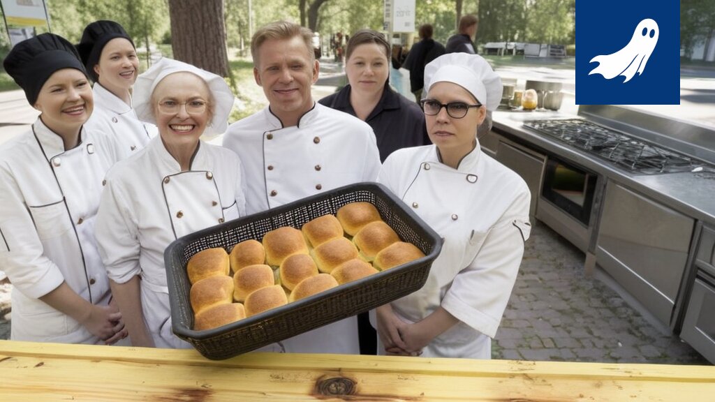 Vilkas kuva Keskustorin kirpputorista, jossa ihmiset myyvät ja ostavat tavaroita, sekä pullia.