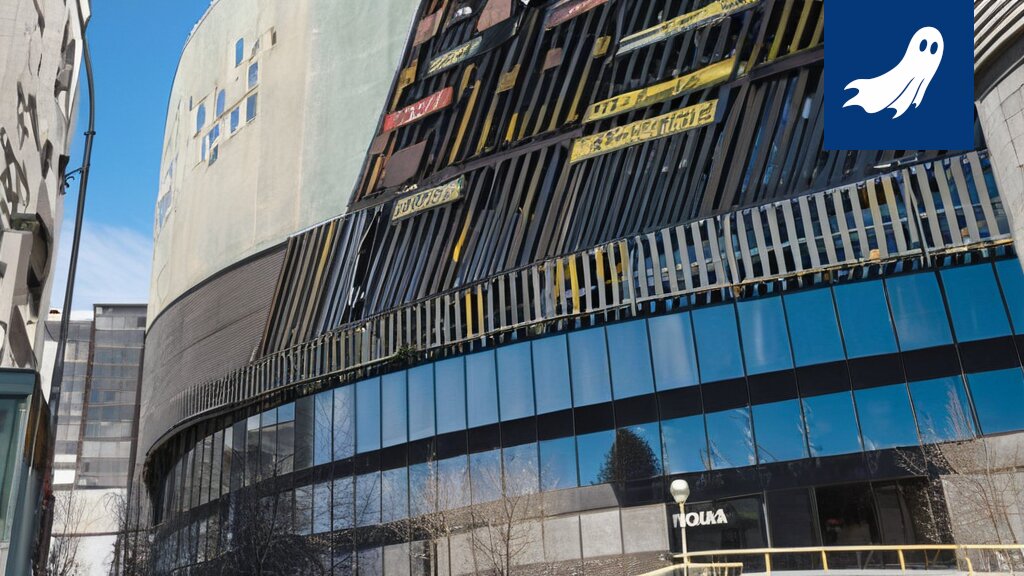 Nokia-areenan logo yhdistettynä synkkään, sateiseen Tampereen kaupunkikuvaan, symboloiden tamperelaista melankoliaa.