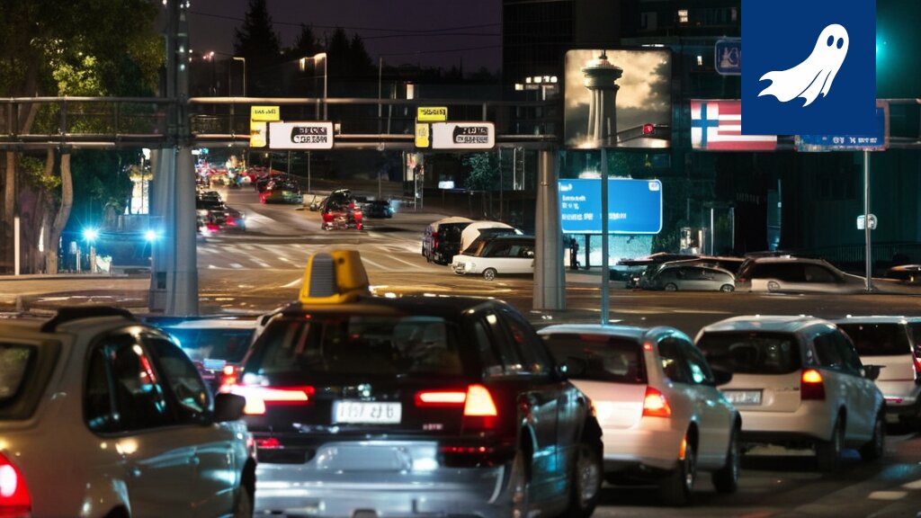 Robocop tarkastaa ajovaloja Tampereen pimeässä kaupunkikuvassa, taustalla vihainen Reino Mäntynen.