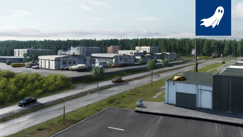 Satiirinen kuva Lempäälän metsästä muuttumassa digitaaliseksi metaversumiksi, jossa valtuutetut rentoutuvat digitaalisissa mökeissään.