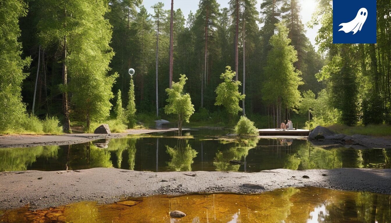 Kuva Pyhäjärvestä, jossa näkyy kylpylähotellin kaltainen rakennelma veden alla, ja filosofoivia kaloja.