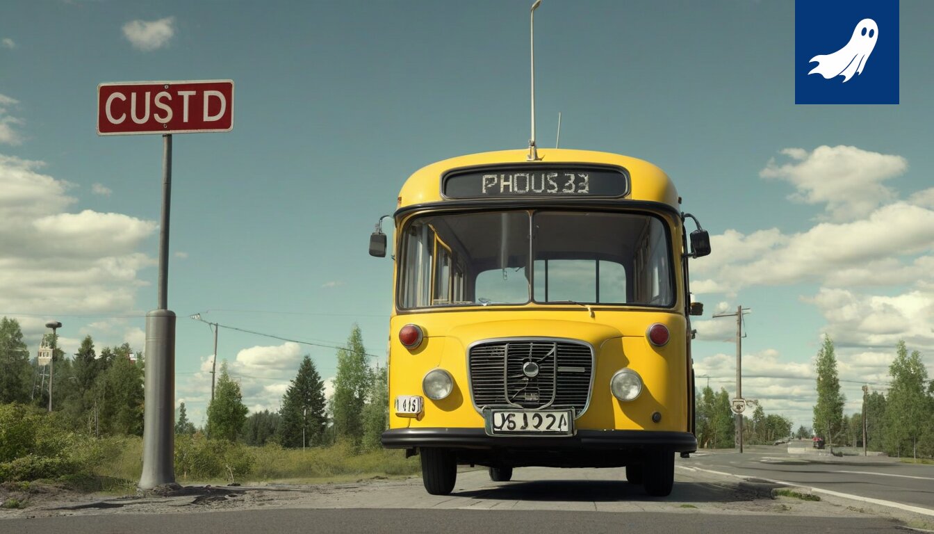 Kuva Ikurin Virelästä, jossa Yöpuolia-kuoro esiintyy bussilinjan 4 reitillä, luoden surrealistisen ja humoristisen kohtauksen.