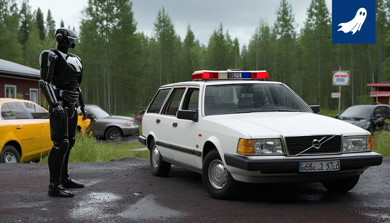 Sarjakuvamainen kuva Tampereen kaupungintalosta, jonka yllä leijuu robotti valvontakameralla ja autokatoksia muistuttavia rakenteita.