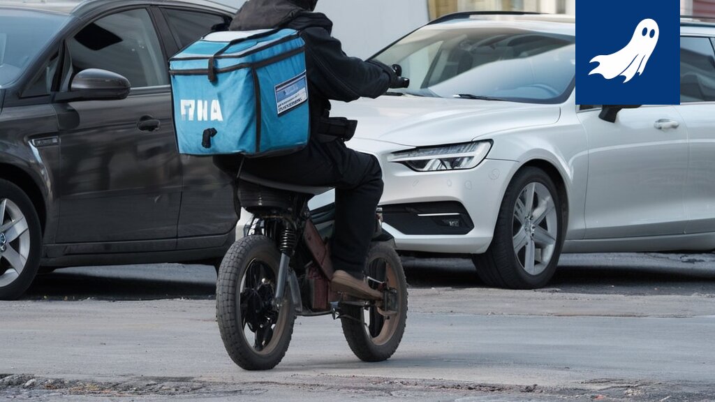 Sarjakuvamainen kuva nälkäisestä henkilöstä, joka maksaa ruokaa Woltin kautta ja rahoittaa samalla lähettien palkkoja.
