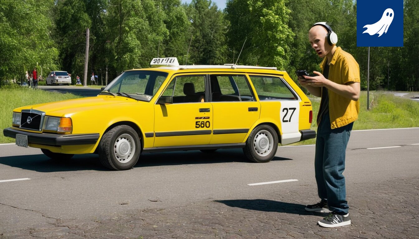 Kuva Mopo-Masasta mopoautonsa kanssa, mahdollisesti epäonnistuneen ennätysyrityksen jälkeen.