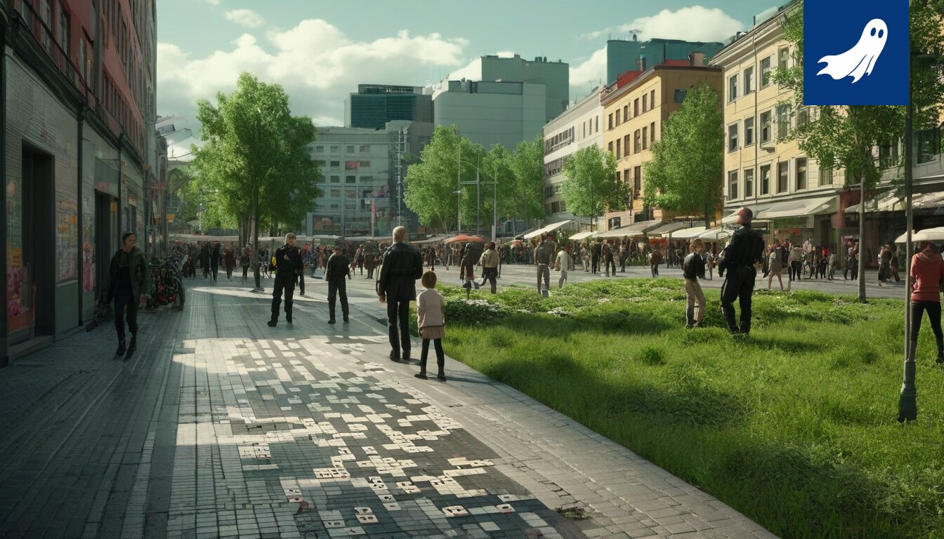 Robocop poseeraa yrityksen Ryöstöoptimointi Oy logopaidassa Tampereen kaupungintalon edessä.