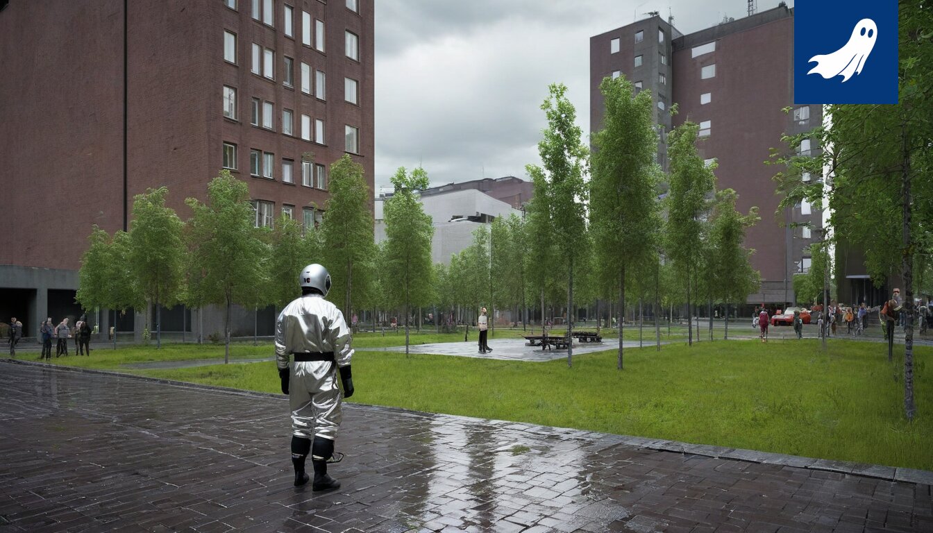 Futuristinen kuvaus Tampereen kaupungista, jossa ihmisten päissä näkyy pieniä valoja, symboloiden musiikin suoraa aivoihin siirtämistä.