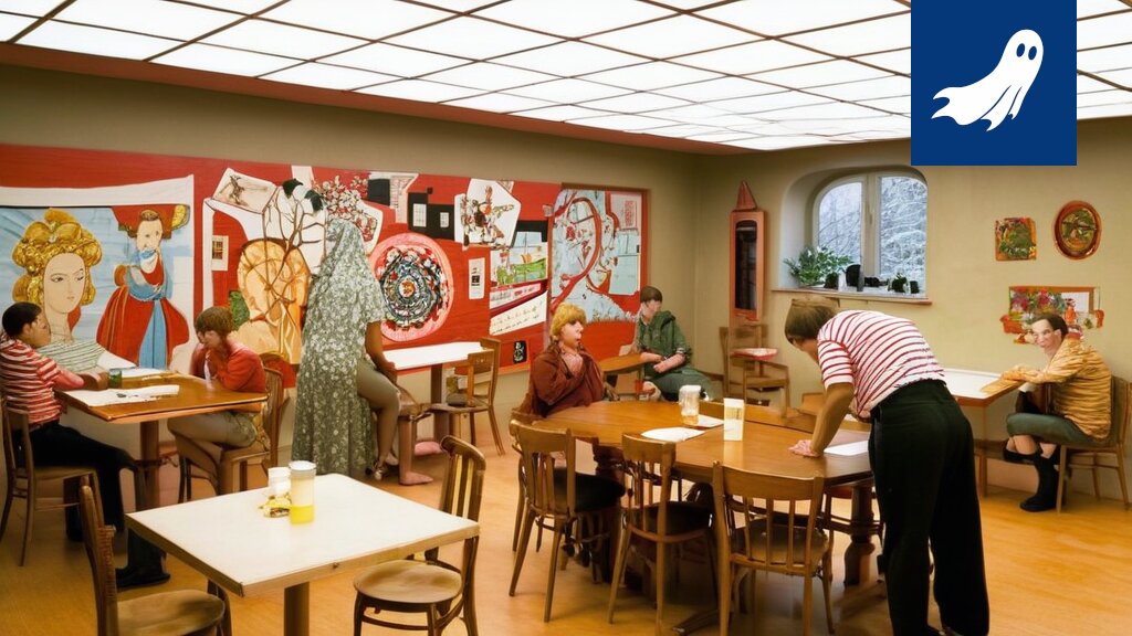 Robottitarjoilija analysoi asiakkaan ilmettä Madame-ravintolassa, satiirinen kuva.