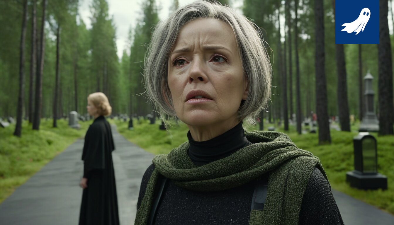 Satiirinen kuva Eila Roineen hautajaisista, jossa robotti kerää tietoa osallistujien reaktioista.