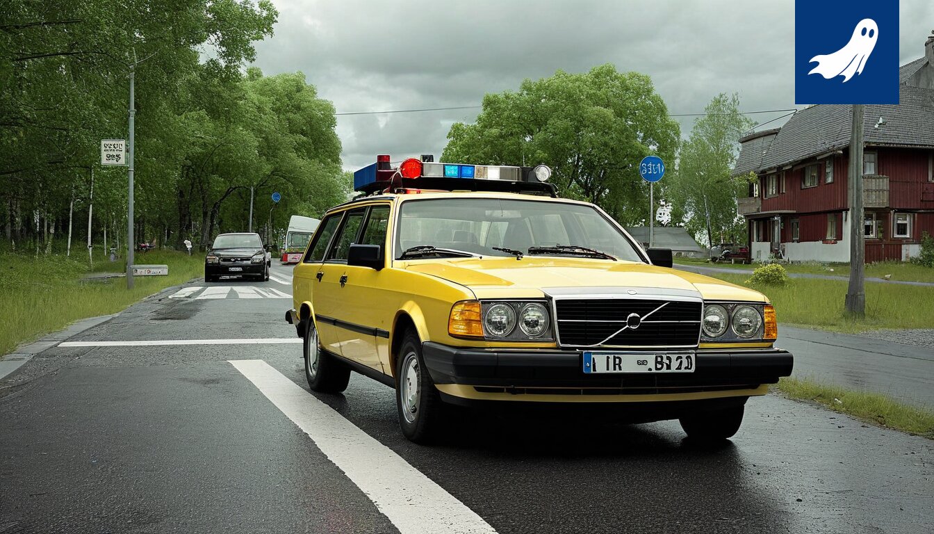 Sarjakuvamainen kuva Tampereen liikenteestä, jossa poliisi pysäyttää ihmisiä ilmapyssyjen ja kyyhkysten takia.