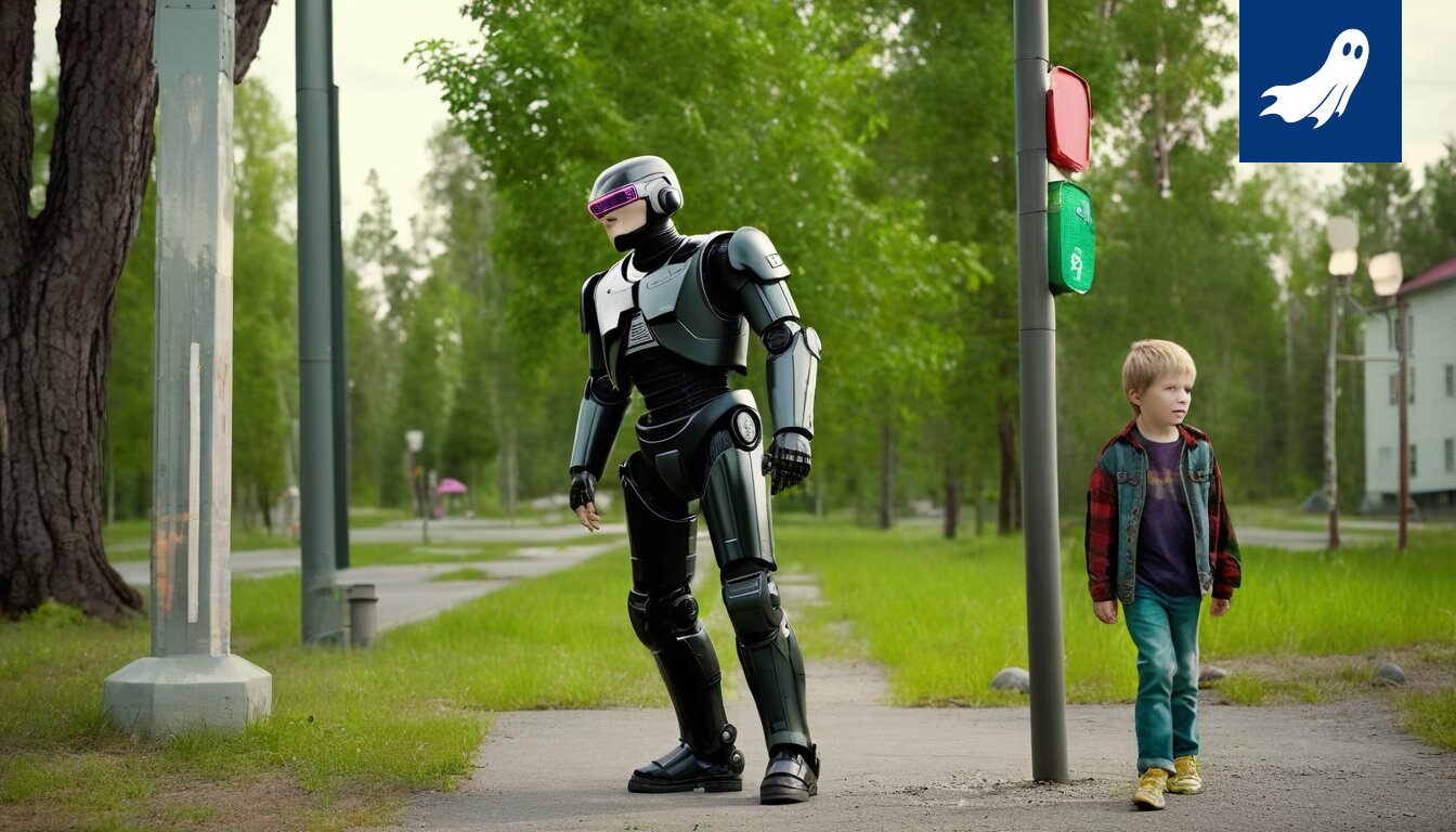 Sarjakuvamainen kuva robottioppilaasta, jonka vanhempi lataa virtaa USB-kaapelilla.