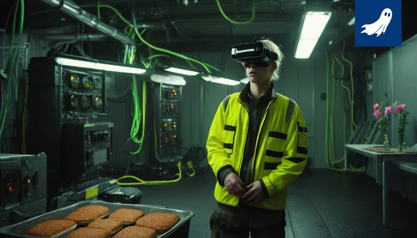 Sarjakuvamainen kuva Tampereen kaupungintalosta, jonka katolla on valtava lounasrasvaan muistuttava energiatehdas.