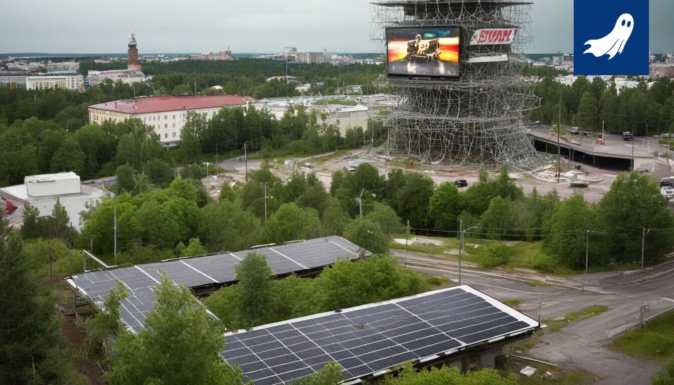 Pyynikin näkötorni ja Lielahden kauppakeskus vertailussa, korostaen sijainnin muutosta ja sen vaikutuksia kaupungin infrastruktuuriin.