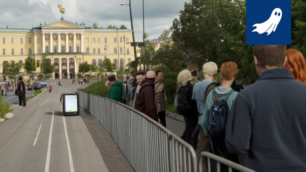 Sarjakuvamainen kuva pitkästä jonosta ihmisiä Oslossa, jossa näkyy kuningas Haraldin kasvot muistomyymälän tuotteissa.