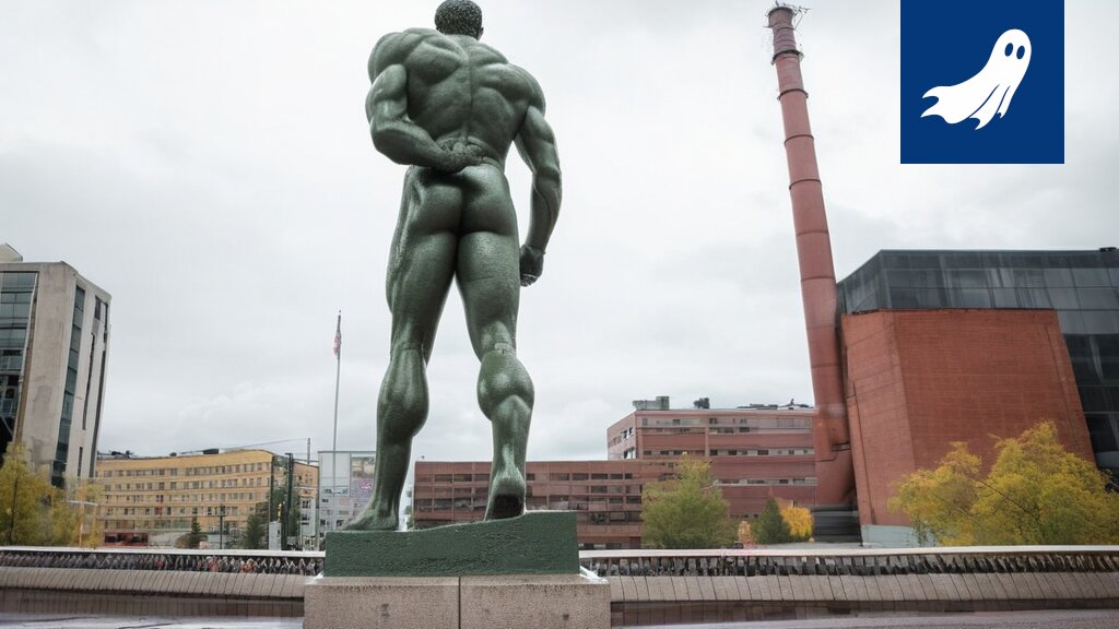 Tampereen tunnettu Veronkantaja -patsas pukeutuneena Ilveksen pelipaitaan, kuva havainnollistaa patsaiden uutta, dynaamista roolia mainospintoina.