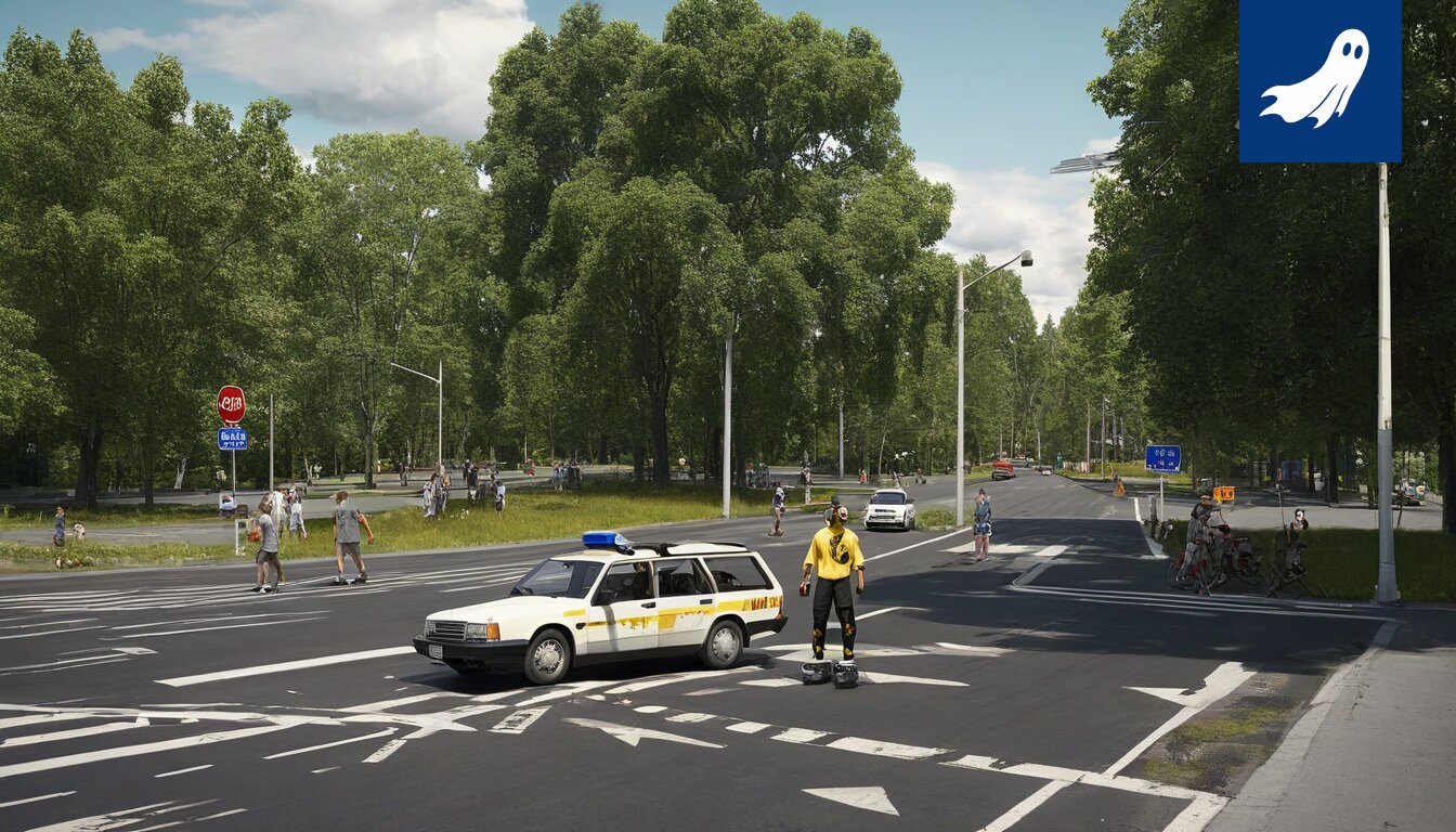 Sarjakuvamainen kuva Tampereen liikenteestä, jossa autot pelaavat jääkiekkoa liikennevalojen ohjaamina.