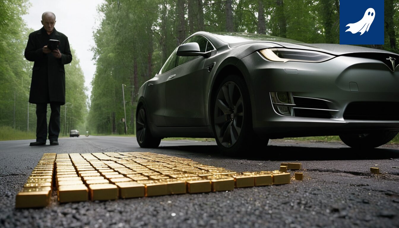 Brygnar Guldgruva Tesla-autonsa kanssa, symboloiden kapitalismin loogista kehitystä ruokajonojen kautta.