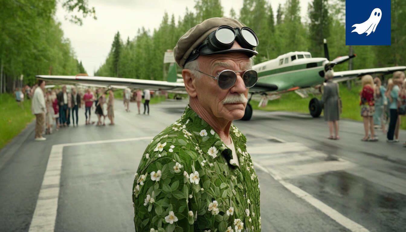Pilotti hymyilee huvittuneena konkurssin julisteen edessä, vihjaten ironiseen tilanteeseen.