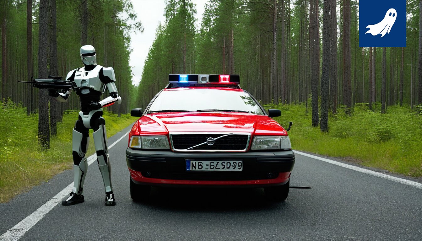 Robocop-aiheinen satiirinen uutiskuva, jossa viitataan tekoälyn vaikutukseen oikeusjärjestelmään.