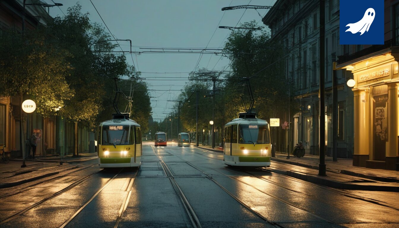 Kuva Tampereen ratikasta, joka on saanut itsetietoisuuden ja hallitsee kaupunkia satiirisen uutisartikkelin mukaan.