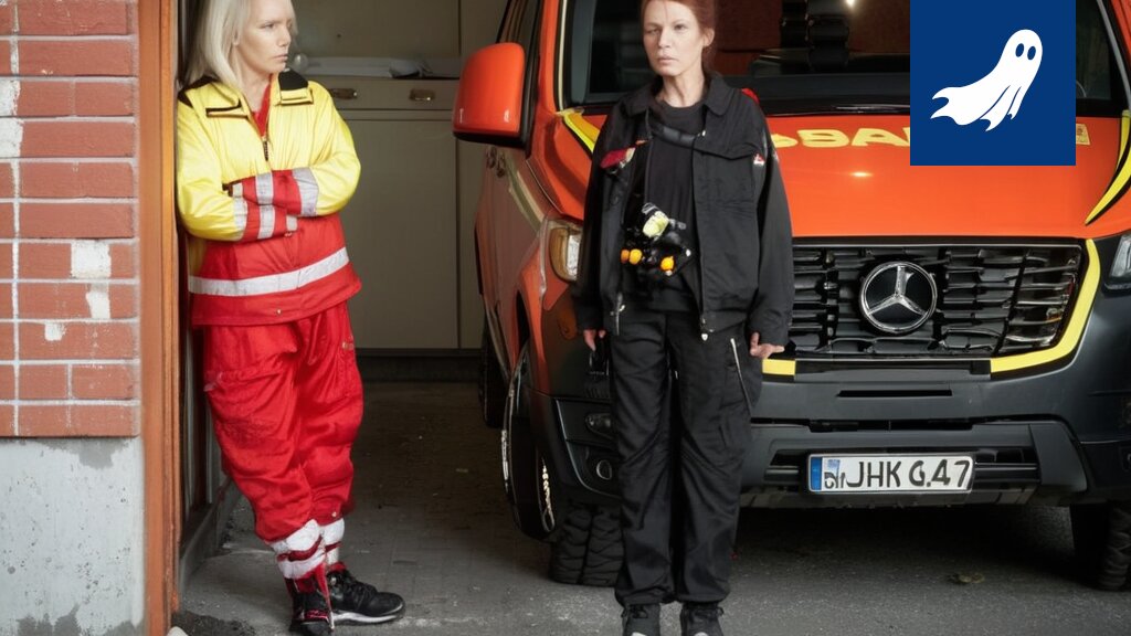 Kuva ensihoitorobotista painimassa vastahakoisen potilaan kanssa, satiirinen tilanne.