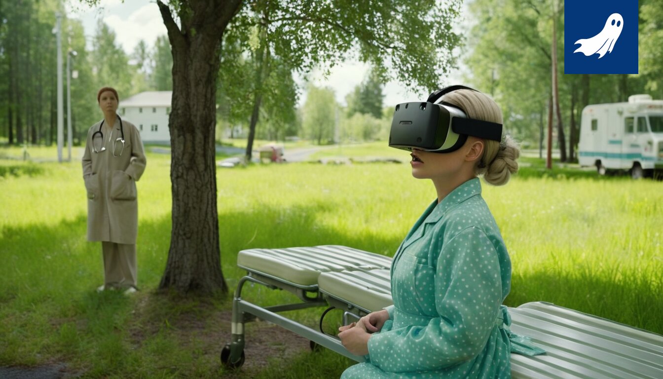 Kuvitteellinen kuva kätilöstä ja robottimaisesta sairaalaympäristöstä, joka viittaa automaation ja tunteiden ristiriitaan.