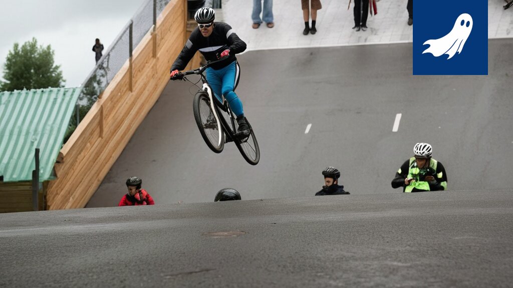 Kuva Viialan BMX-radasta, jossa näkyy kilpailijoita ja mahdollisesti Robocop-hahmo valvontatehtävissä.