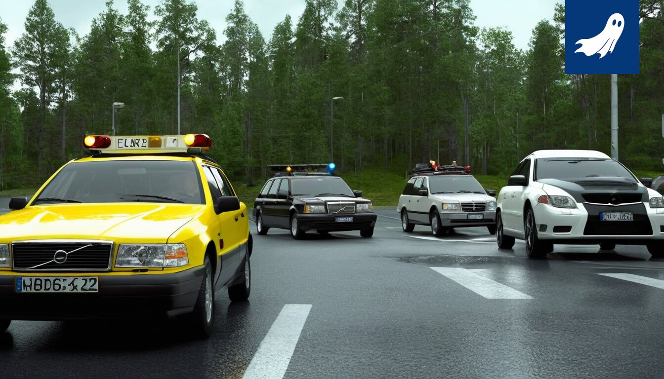 Sarjakuvamainen kuva Tampereen liikenneympyrästä, jossa rekka on juuttunut ja ihmiset näyttävät stressaantuneilta.