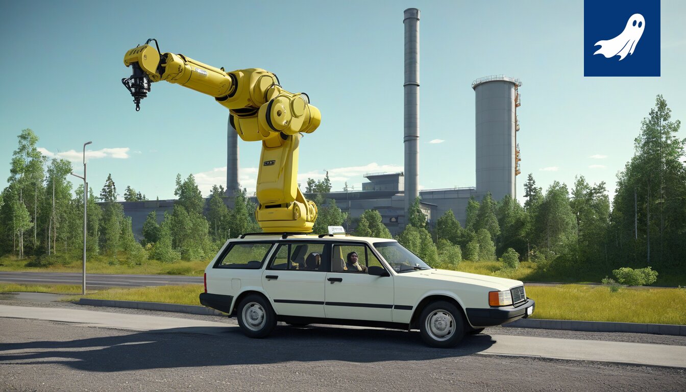 Teollisuuskone suorittaa tehtävää, symboloiden automatisoinnin ja työvoiman korvaamisen kehitystä.