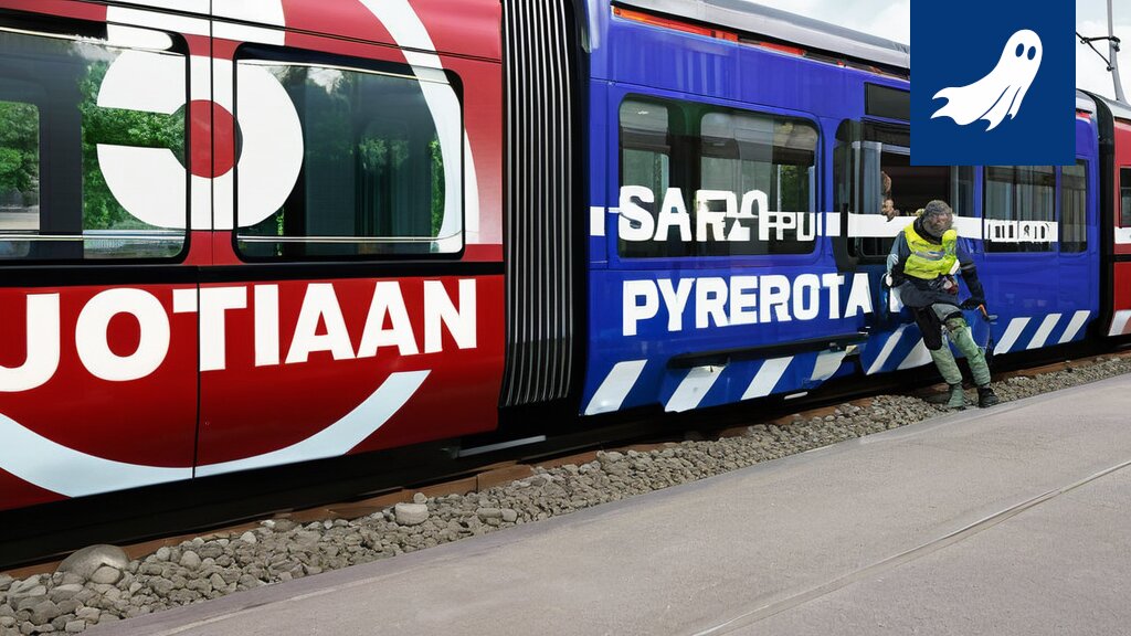Pitkä, loputon ratikkajono kulkee Tampereen katujen läpi mainoksia täynnä.
