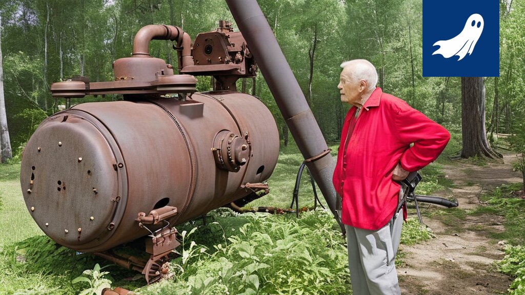 Ruostunut höyrykone Valkeakoskella, symboloiden uutta ja yllättävää energiantuotantoteknologiaa.