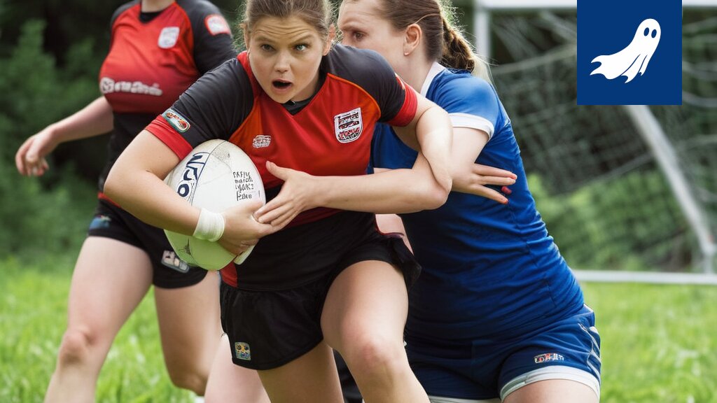 Naisten rugbyjoukkueen pelaaja juoksee pallon kanssa kentällä, taustalla epämääräinen kvanttifysiikan visualisointi.