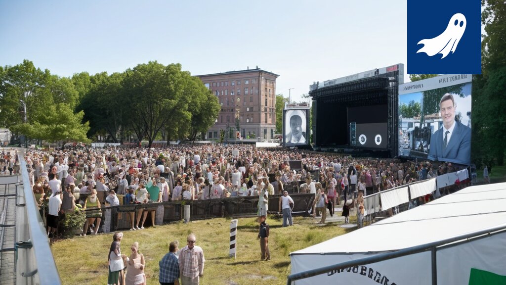 Satiirinen kuva Tammerfestin robottivartijoista ja piikkilanka-aidasta, korostaen festivaalin absurdiutta.